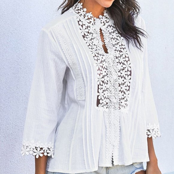 New White Bohemian Lace Button Front Blouse Top - Picture 3 of 7